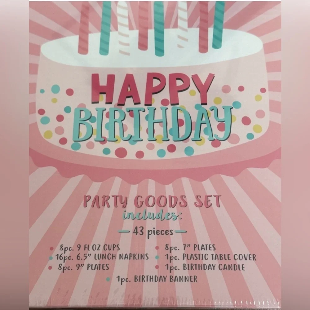 Happy Birthday Party in a Box 43 Piece Pink Cake Tableware Decoration Set NWT